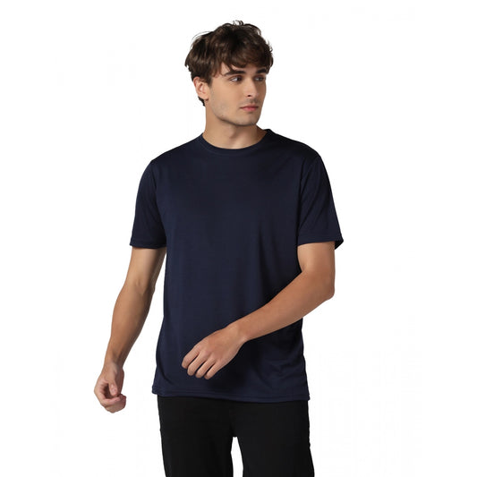 Roneclick Men's Casual Half Sleeve Solid Polyester Round Neck T-shirt (Navy)