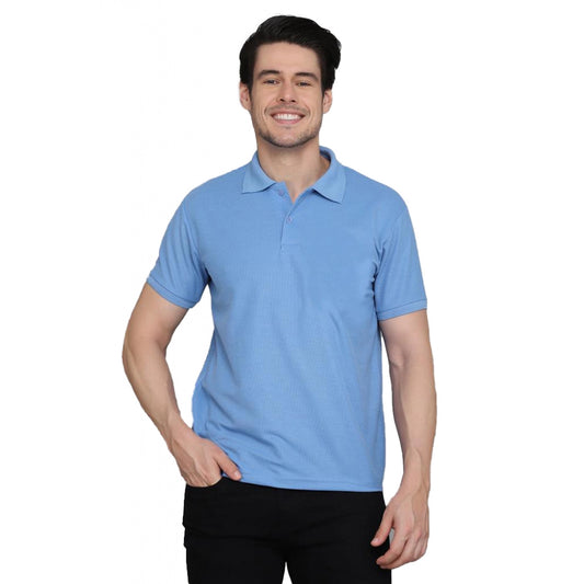 Roneclick Men's Casual Half Sleeve Solid Cotton Blended Polo Neck T-shirt (Blue)