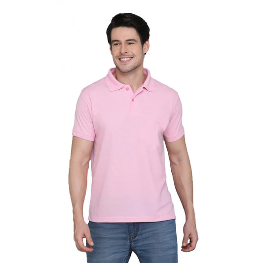 Roneclick Men's Casual Half Sleeve Solid Cotton Blended Polo Neck T-shirt (Pink)