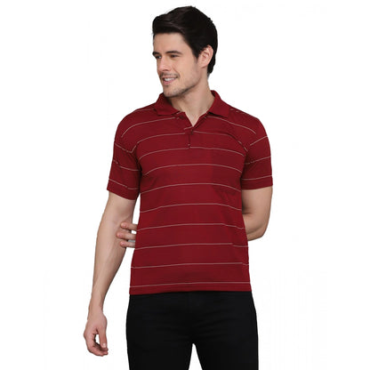 Roneclick Men's Casual Half Sleeve Striped Cotton Blended Polo Neck T-shirt (Maroon)