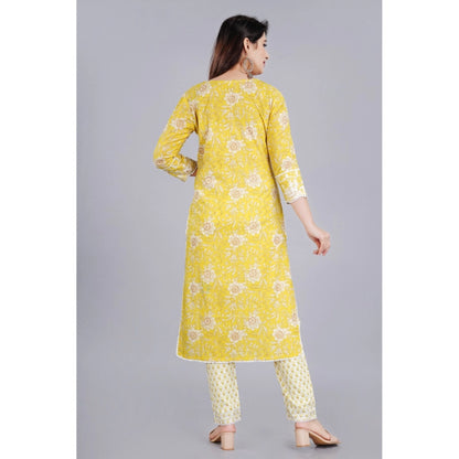 Roneclick Women's Casual 3/4 Sleeve Embroidered Rayon Kurti With Pant And Dupatta Set (Yellow)