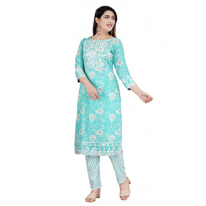 Roneclick Women's Casual 3/4 Sleeve Embroidered Rayon Kurti With Pant And Dupatta Set (Sea Green)