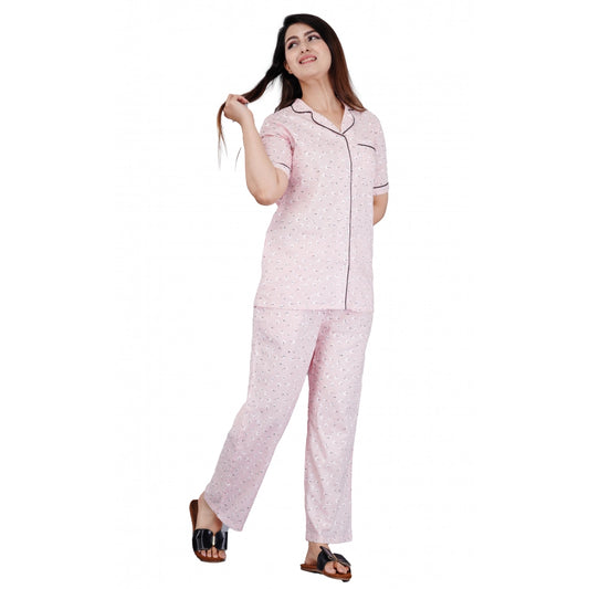 Roneclick Women's Casual Half Sleeve Printed Viscose Rayon Shirt With Pyjama Pant Night Suit Set (Pink)