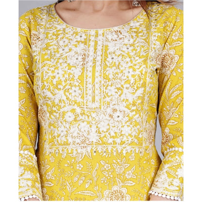 Roneclick Women's Casual 3/4 Sleeve Embroidered Rayon Kurti With Pant And Dupatta Set (Yellow)