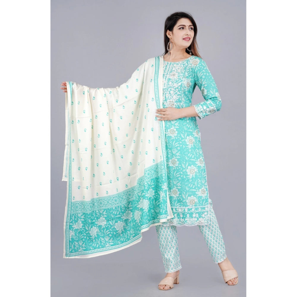 Roneclick Women's Casual 3/4 Sleeve Embroidered Rayon Kurti With Pant And Dupatta Set (Sea Green)