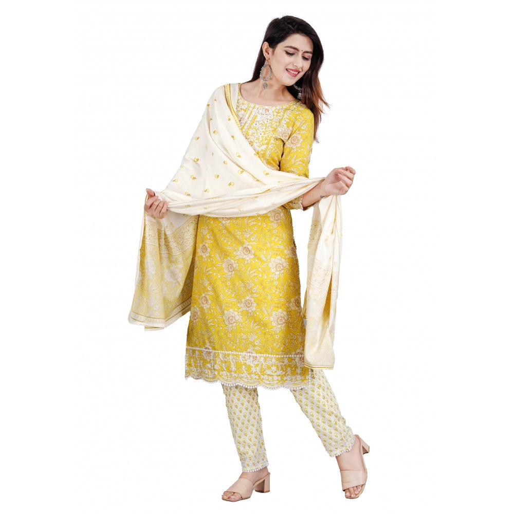 Roneclick Women's Casual 3/4 Sleeve Embroidered Rayon Kurti With Pant And Dupatta Set (Yellow)