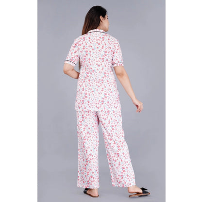 Roneclick Women's Casual Half Sleeve Printed Viscose Rayon Shirt With Pyjama Pant Night Suit Set (Baby Pink)