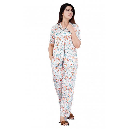 Roneclick Women's Casual Half Sleeve Printed Viscose Rayon Shirt With Pyjama Pant Night Suit Set (White)