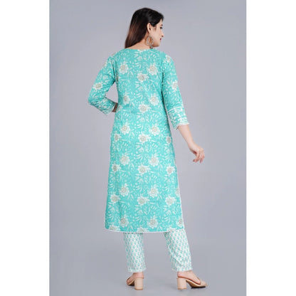 Roneclick Women's Casual 3/4 Sleeve Embroidered Rayon Kurti With Pant And Dupatta Set (Sea Green)