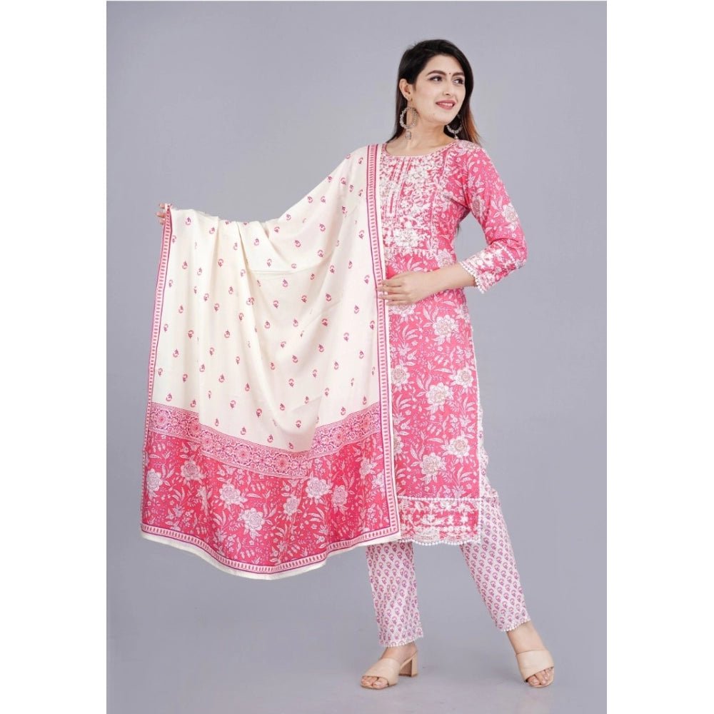 Roneclick Women's Casual 3/4 Sleeve Embroidered Rayon Kurti With Pant And Dupatta Set (Pink)