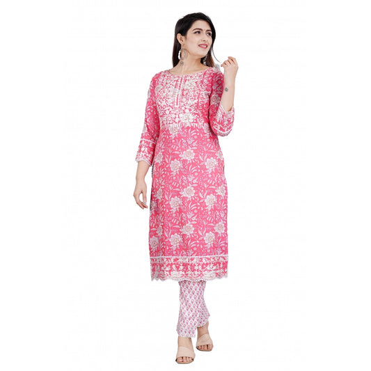 Roneclick Women's Casual 3/4 Sleeve Embroidered Rayon Kurti With Pant And Dupatta Set (Pink)