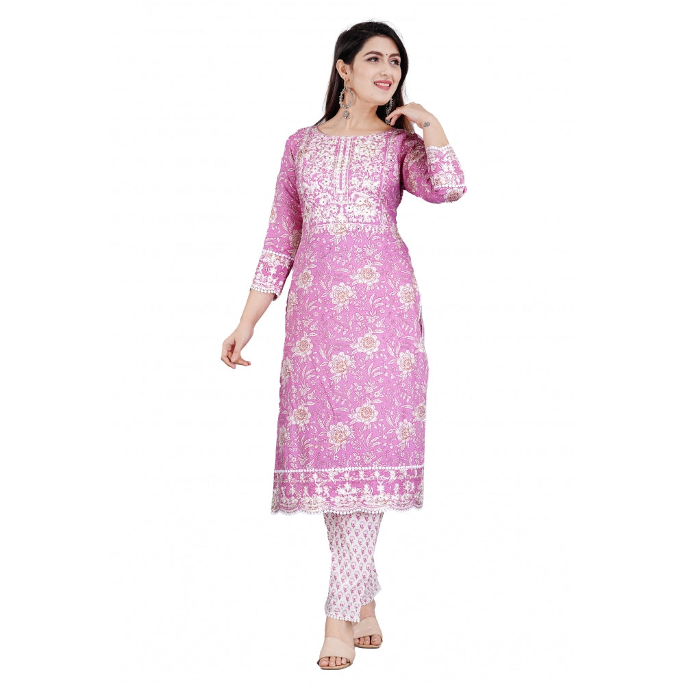 Roneclick Women's Casual 3/4 Sleeve Embroidered Rayon Kurti With Pant And Dupatta Set (Purple)