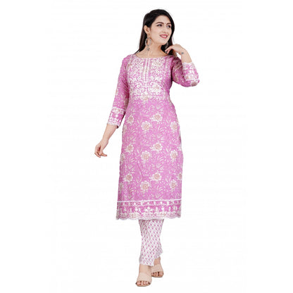 Roneclick Women's Casual 3/4 Sleeve Embroidered Rayon Kurti With Pant And Dupatta Set (Purple)