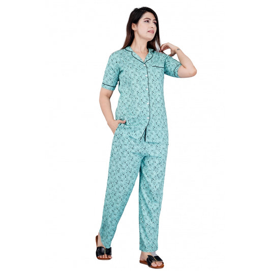 Roneclick Women's Casual Half Sleeve Printed Viscose Rayon Shirt With Pyjama Pant Night Suit Set (Green)