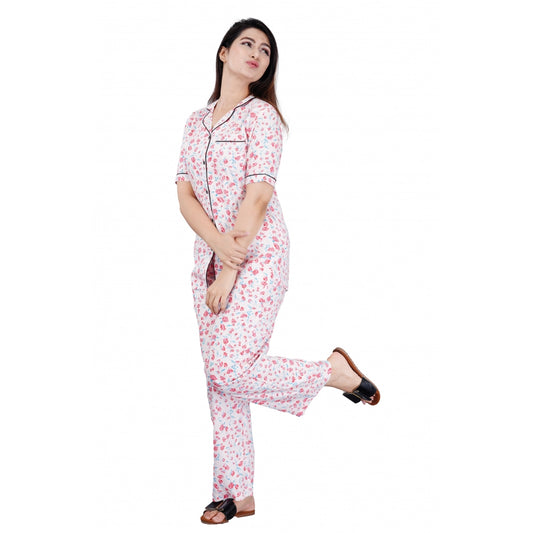 Roneclick Women's Casual Half Sleeve Printed Viscose Rayon Shirt With Pyjama Pant Night Suit Set (Baby Pink)