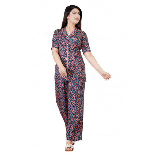 Roneclick Women's Casual Half Sleeve Printed Viscose Rayon Shirt With Pyjama Pant Night Suit Set (Blue)