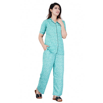 Roneclick Women's Casual Half Sleeve Printed Viscose Rayon Shirt With Pyjama Pant Night Suit Set (Green)