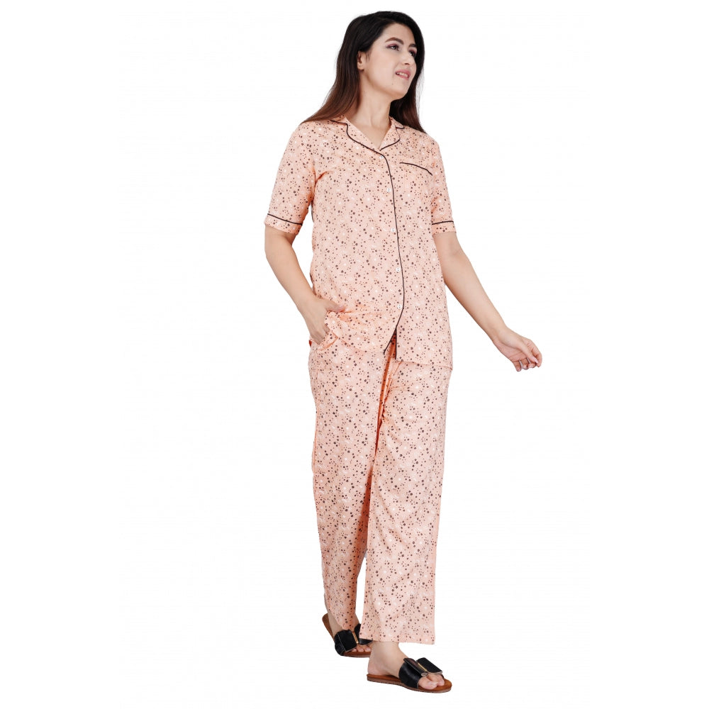 Roneclick Women's Casual Half Sleeve Printed Viscose Rayon Shirt With Pyjama Pant Night Suit Set (Peach)