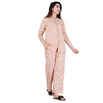 Roneclick Women's Casual Half Sleeve Printed Viscose Rayon Shirt With Pyjama Pant Night Suit Set (Peach)