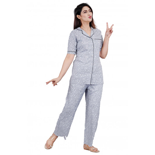 Roneclick Women's Casual Half Sleeve Printed Viscose Rayon Shirt With Pyjama Pant Night Suit Set (Grey)