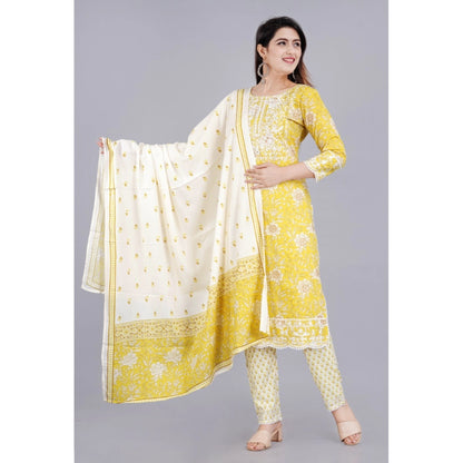 Roneclick Women's Casual 3/4 Sleeve Embroidered Rayon Kurti With Pant And Dupatta Set (Yellow)