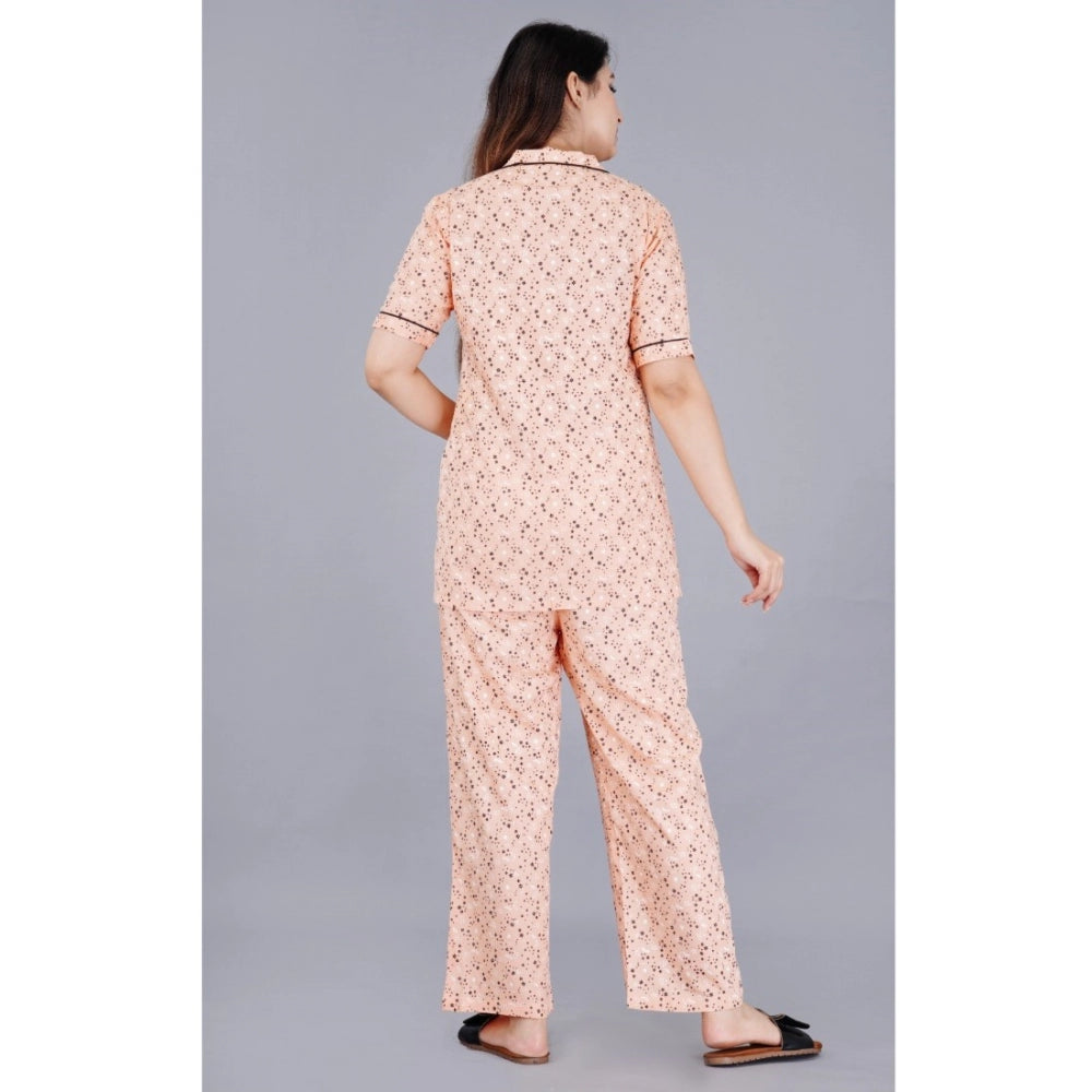 Roneclick Women's Casual Half Sleeve Printed Viscose Rayon Shirt With Pyjama Pant Night Suit Set (Peach)