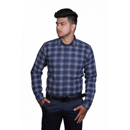 Roneclick Men's Cotton Lycra Full Sleeve Checked Casual Shirt (Navy Blue)