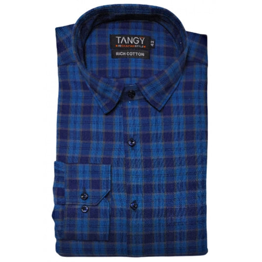 Roneclick Men's Cotton Lycra Full Sleeve Checked Casual Shirt (Dark Blue)