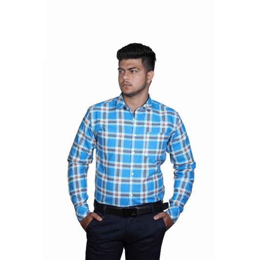 Roneclick Men's Cotton Lycra Full Sleeve Checked Casual Shirt (Blue White)