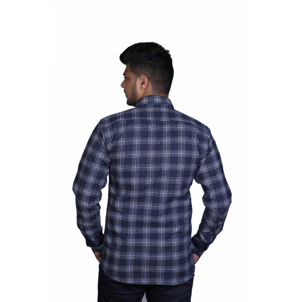 Roneclick Men's Cotton Lycra Full Sleeve Checked Casual Shirt (Navy Blue)