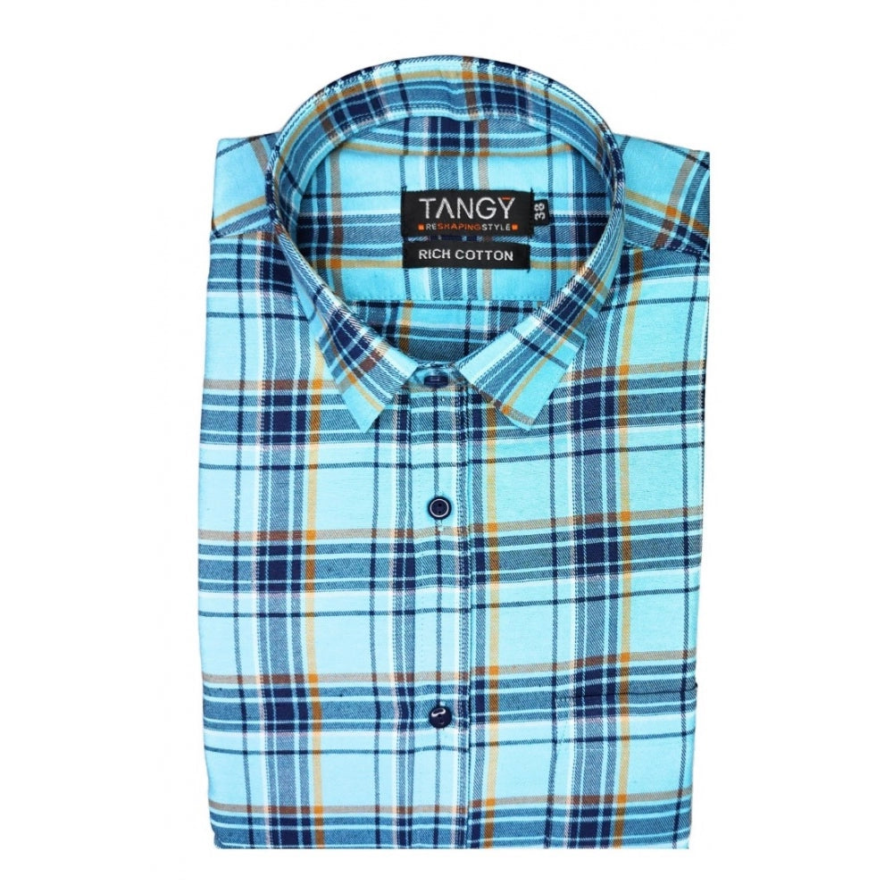 Roneclick Men's Cotton Lycra Full Sleeve Checked Casual Shirt (Turquoise)