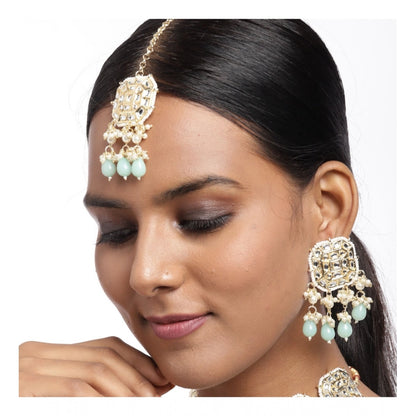 Roneclick Women's Rose Gold Plated Alloy Kundan Earrings &amp; Mangtikka (White)