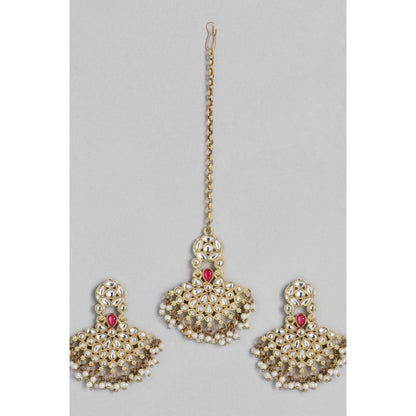 Roneclick Women's Rose Gold Plated Alloy Kundan Earrings &amp; Mangtikka (White)