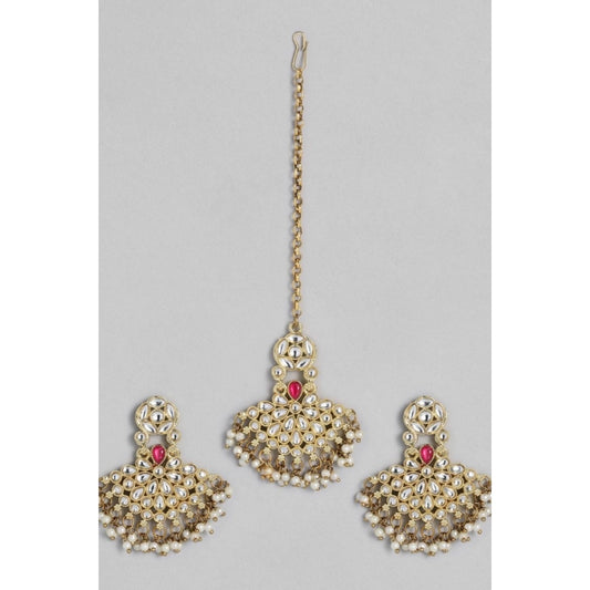 Roneclick Women's Rose Gold Plated Alloy Kundan Earrings &amp; Mangtikka (White)