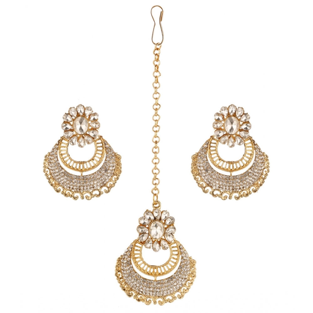 Roneclick Women's Rose Gold Plated Alloy Kundan Earrings &amp; Mangtikka (White)