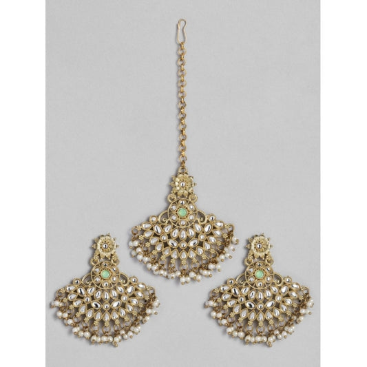 Roneclick Women's Rose Gold Plated Alloy Kundan Earrings &amp; Mangtikka (White)