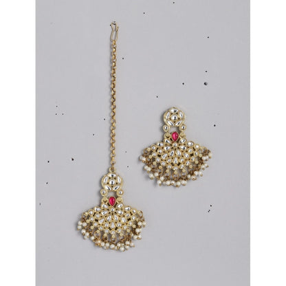 Roneclick Women's Rose Gold Plated Alloy Kundan Earrings &amp; Mangtikka (White)