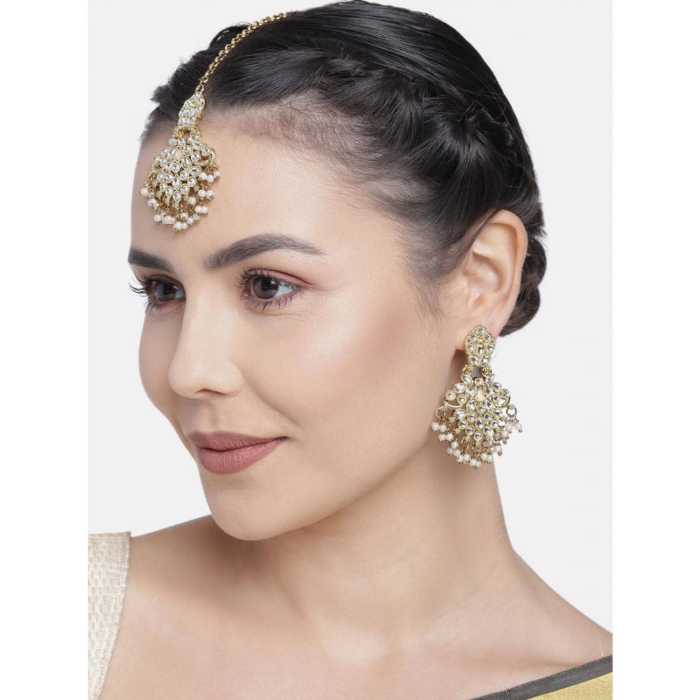 Roneclick Women's Rose Gold Plated Alloy Kundan Earrings &amp; Mangtikka (White)