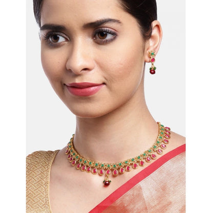 Roneclick Women's Rose Gold Plated Alloy Necklace &amp; Earings Set (Green &amp; Red)