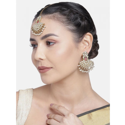 Roneclick Women's Rose Gold Plated Alloy Kundan Earrings &amp; Mangtikka (White)