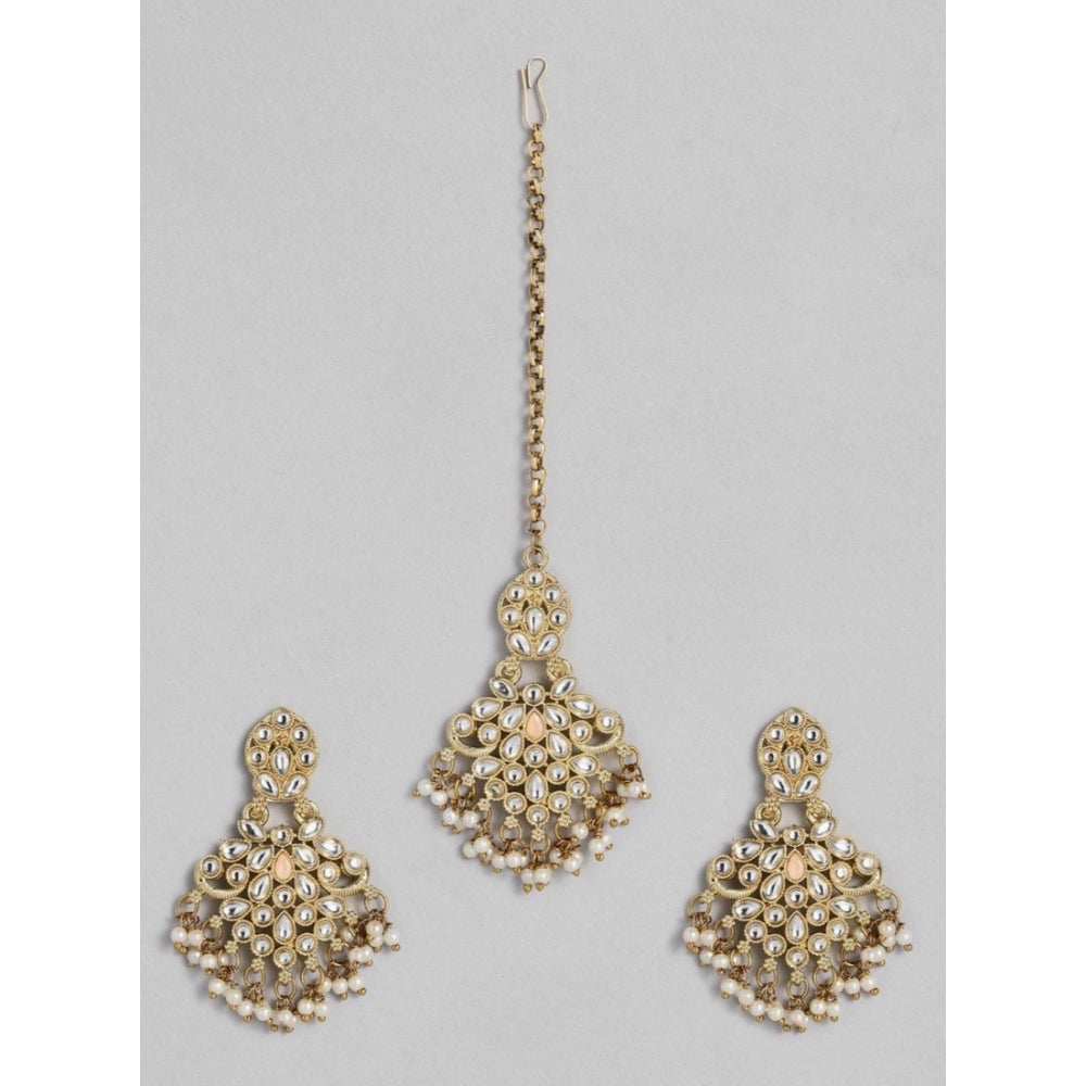 Roneclick Women's Rose Gold Plated Alloy Kundan Earrings &amp; Mangtikka (White)