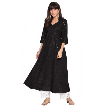 Roneclick Women's Casual 3/4th Sleeve Chikan Embroidery Cotton Kurti (Black)