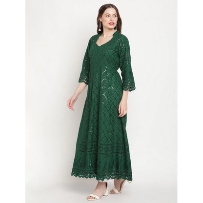 Roneclick Women's Casual 3/4th Sleeve Embroidered Cotton Kurti (Dark Green)