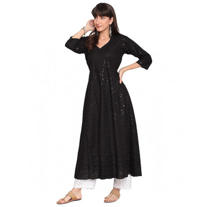 Roneclick Women's Casual 3/4th Sleeve Chikan Embroidery Cotton Kurti (Black)