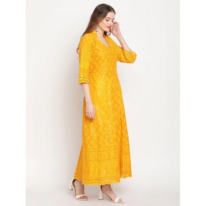 Roneclick Women's Casual 3/4th Sleeve Embroidered Cotton Kurti (Mustard)