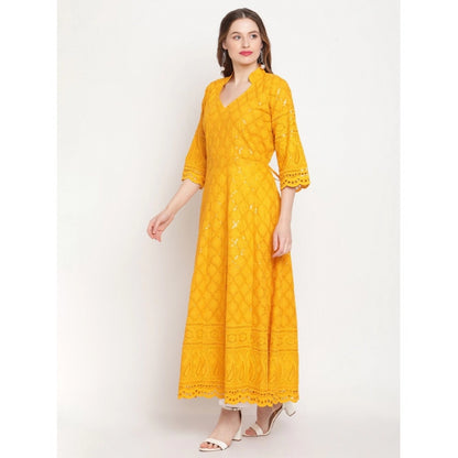 Roneclick Women's Casual 3/4th Sleeve Embroidered Cotton Kurti (Mustard)