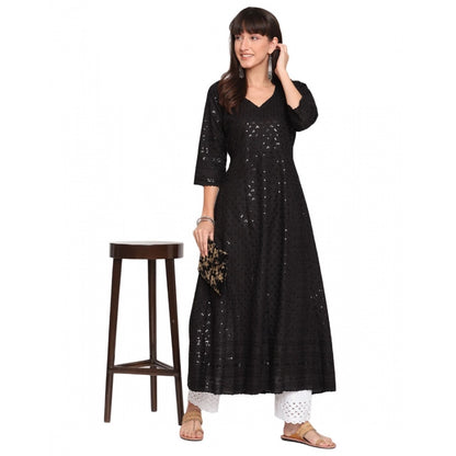 Roneclick Women's Casual 3/4th Sleeve Chikan Embroidery Cotton Kurti (Black)