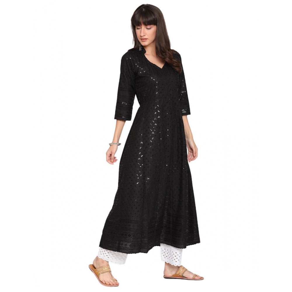 Roneclick Women's Casual 3/4th Sleeve Chikan Embroidery Cotton Kurti (Black)