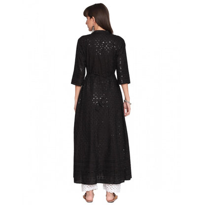 Roneclick Women's Casual 3/4th Sleeve Chikan Embroidery Cotton Kurti (Black)