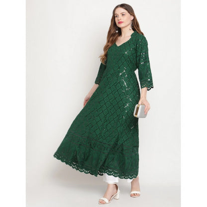 Roneclick Women's Casual 3/4th Sleeve Embroidered Cotton Kurti (Dark Green)